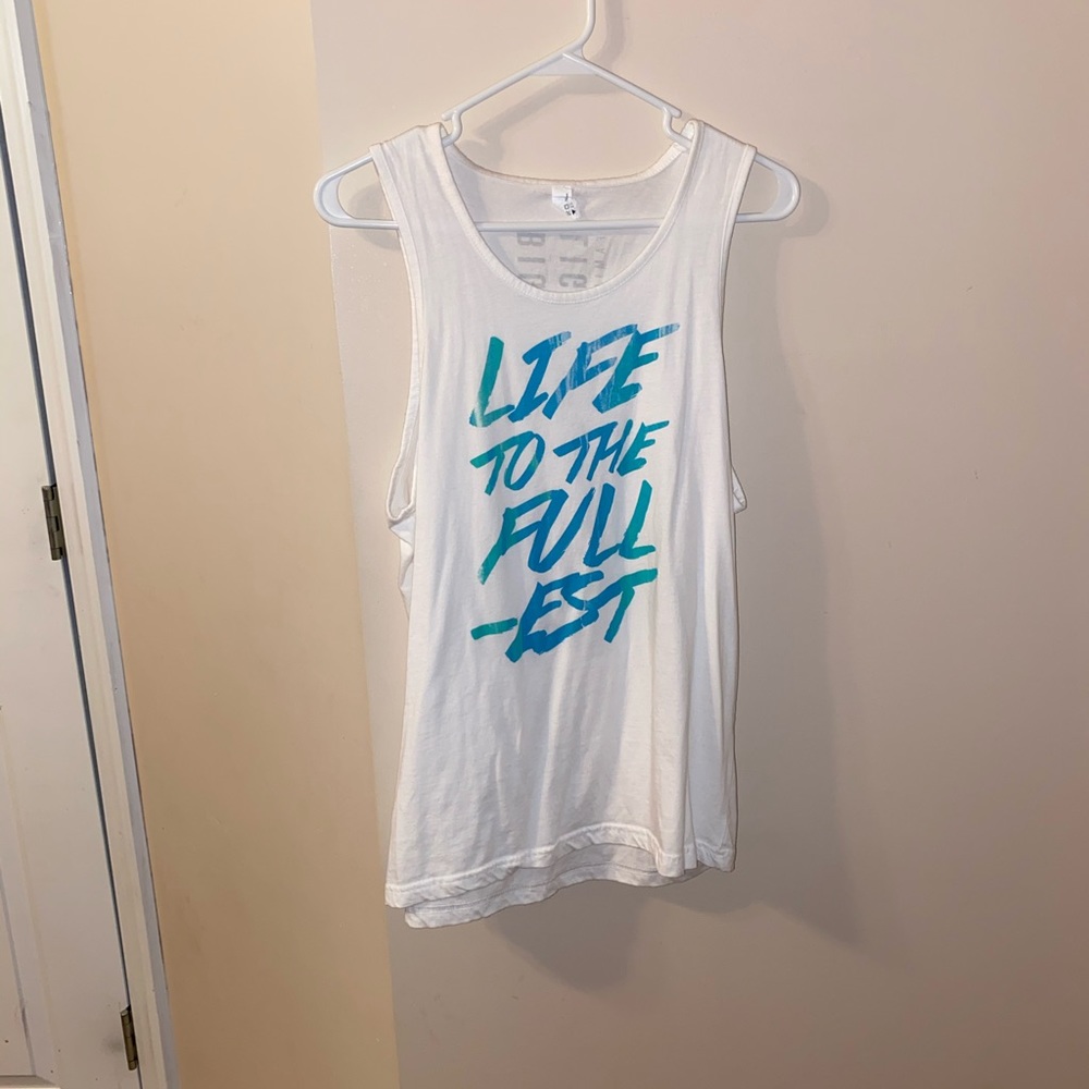 White Printed Tank Top with Teal Lettering